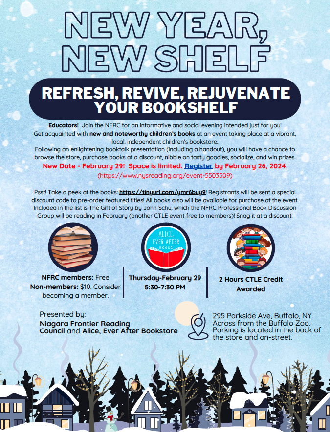 New Year, New Shelf... New Date! We have rescheduled our book share event. Join us Thursday, February 29 from 5:30-7:30 P.M. at Alice, Ever After Books.

Register by February 26: nysreading.org/event-5503509

Preview books: tinyurl.com/ymr6buy9