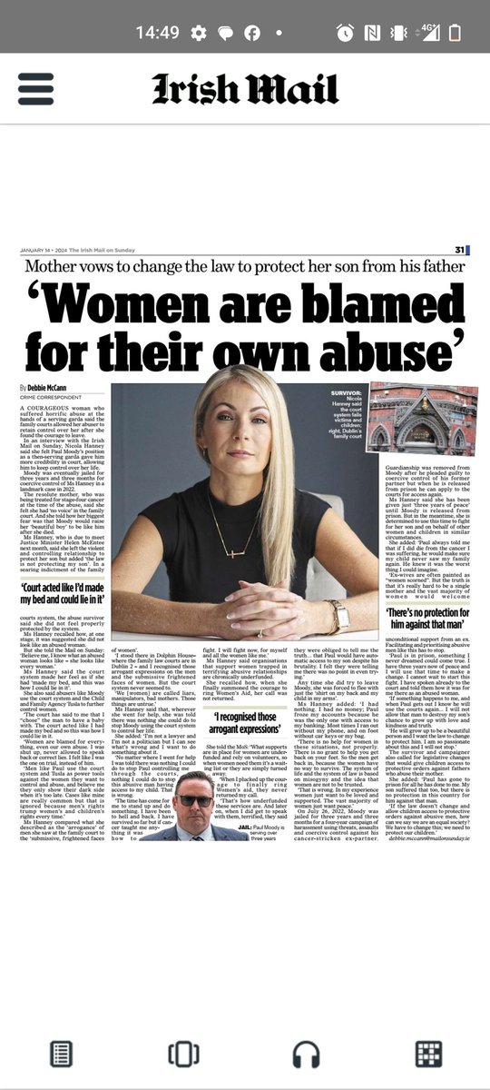 Lot of reaction to Nicola Hanney piece in @IrishMailSunday who said family court allowed her abuser retain control after she found courage to leave. Ms Hanney, who will meet the justice minister, next month said she & her beautiful boy were not protected by the court system.