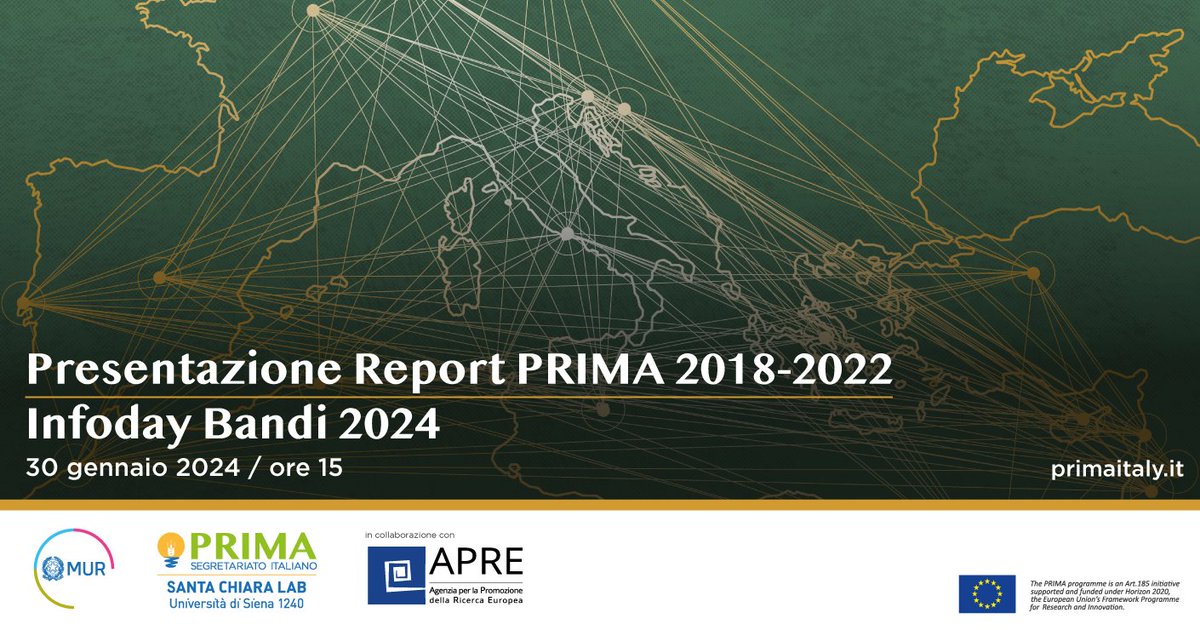 primaitaly's tweet image. 📢#SaveTheDate📅30/1🕚15
👉Presentazione 𝗥𝗲𝗽𝗼𝗿𝘁 𝟱 𝗮𝗻𝗻𝗶 #PRIMA e InfoDay bandi #PRIMA2024 per #Ricerca e #Innovazione🌾#agrifood,💧risorse idriche.
💥Budget🟢oltre 60mln € di cui 7 da #MUR
Apre evento👉Min.@BerniniAM @mur_gov_

ℹ️primaitaly.it/presentazione-…
@europainitalia