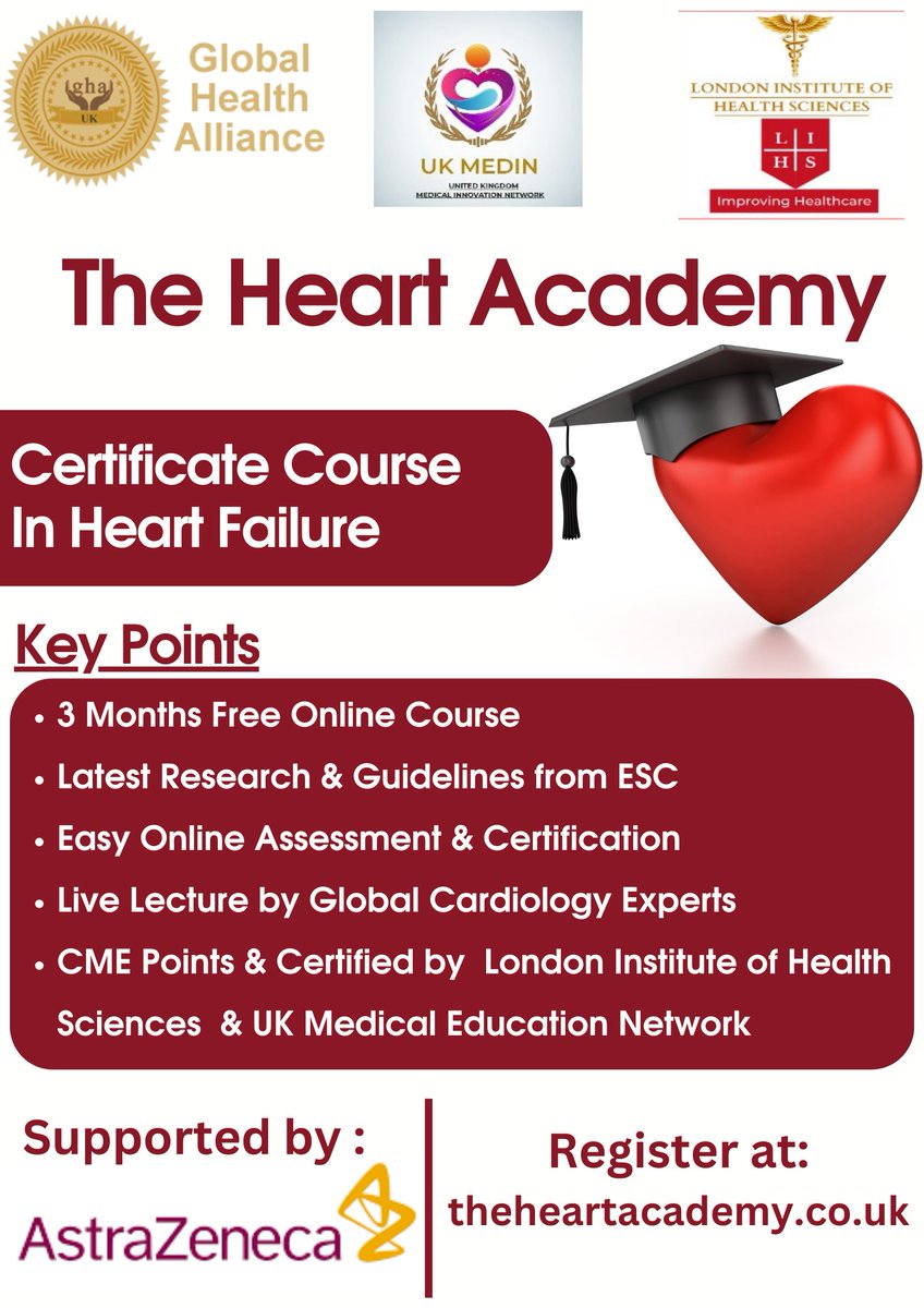GhaHealth's tweet photo. Certificate Course in Heart Failure
(3 months)
• Register at :-theheartacademy.co.uk
• Email :- info@ghahealth.co.uk
#ESC2022 #BSH2022 #Cardiotwitter #medtwitter #echofirst #HeartEcho #ESC #AHA #CriticalCare #CardiologyTrainee #Echo #heart #courses #education #HealthForAll https://t.co/6EHleLWx6g