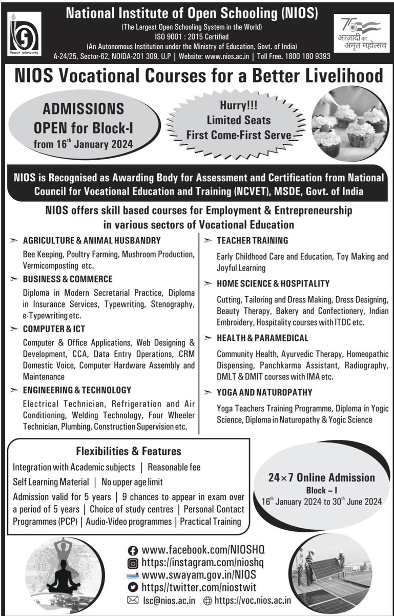 niostwit's tweet photo. Admission in NIOS Vocational courses started from today.NIOS is Recognised as Awarding Body for Assessment and Certification from National Council for Vocational Education and Training (NCVET), MSDE, Govt. of India. For details, kindly visit our website: https://t.co/ZyOaEqKqeq https://t.co/YQL2zXTnNB