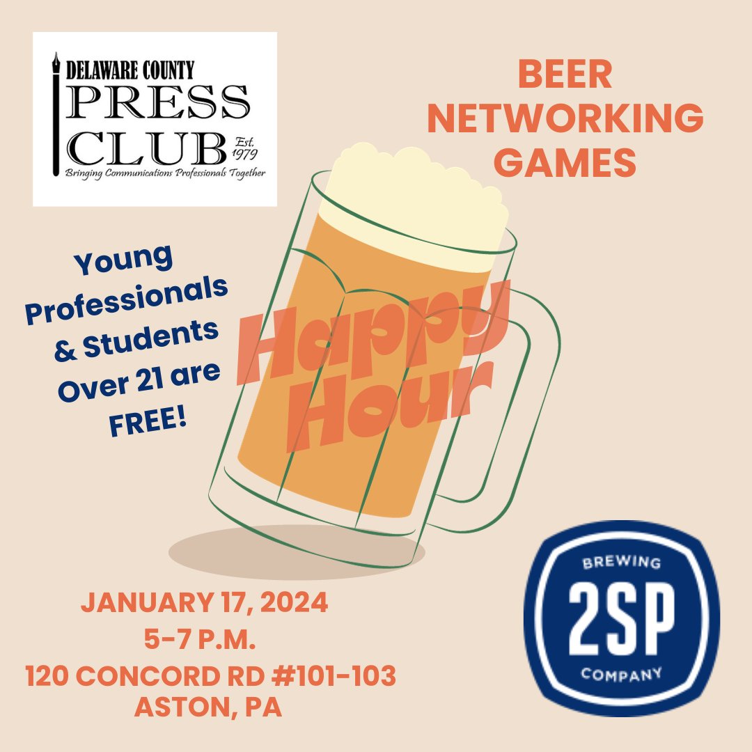 There's still time to register for the <a href="/delcopressclub/">Delco Press Club</a>'s Happy New Year Happy Hour on Wednesday, January 17th at <a href="/2spbrewing/">2SP Brewing Company</a>.

Meet longtime industry professionals and mingle with young professionals and communications students over 21.  

Register here. thepressclubpa.org/event-details/…