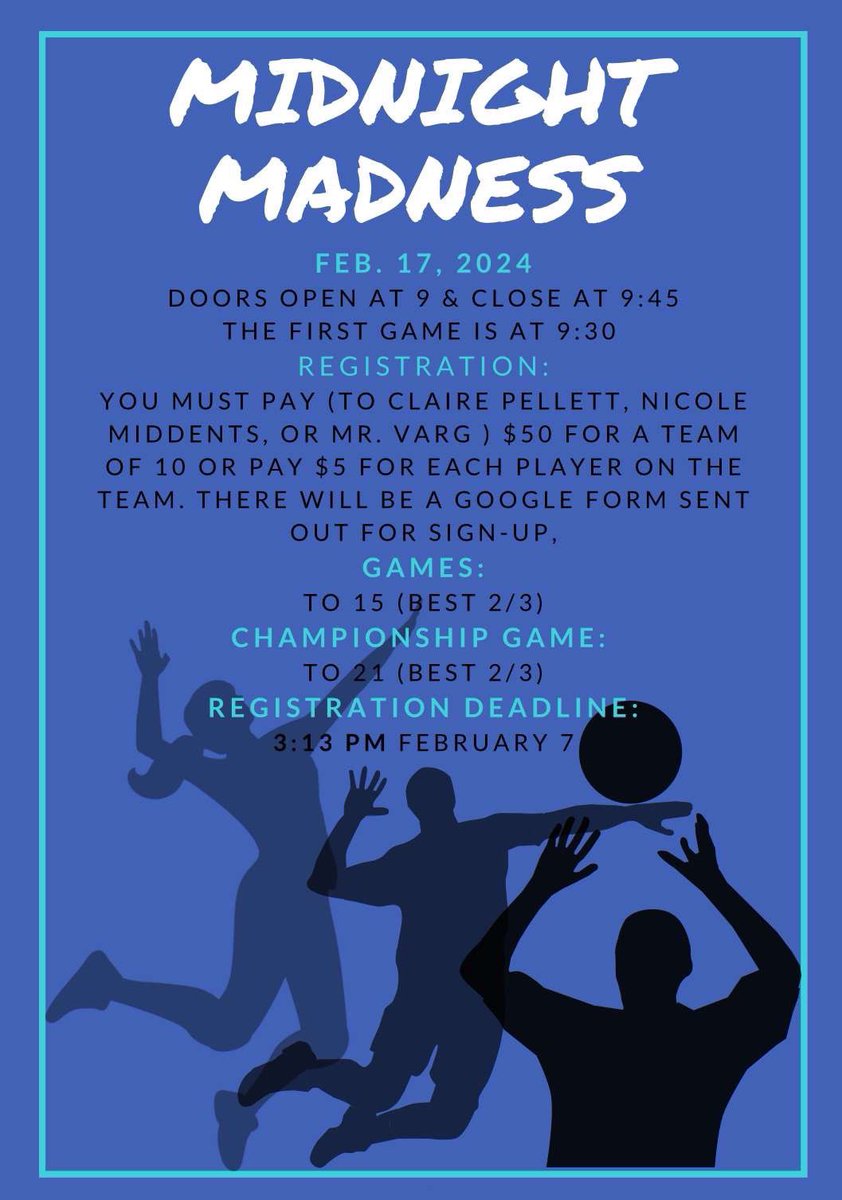 AHSFuel's tweet photo. The Midnight Madness volleyball tournament will be held on February 17th! $5 per person or $50 per team. A signup Google Form will be sent out soon. Spread the word!! 🏐🌙 https://t.co/UDHpVE50Lh