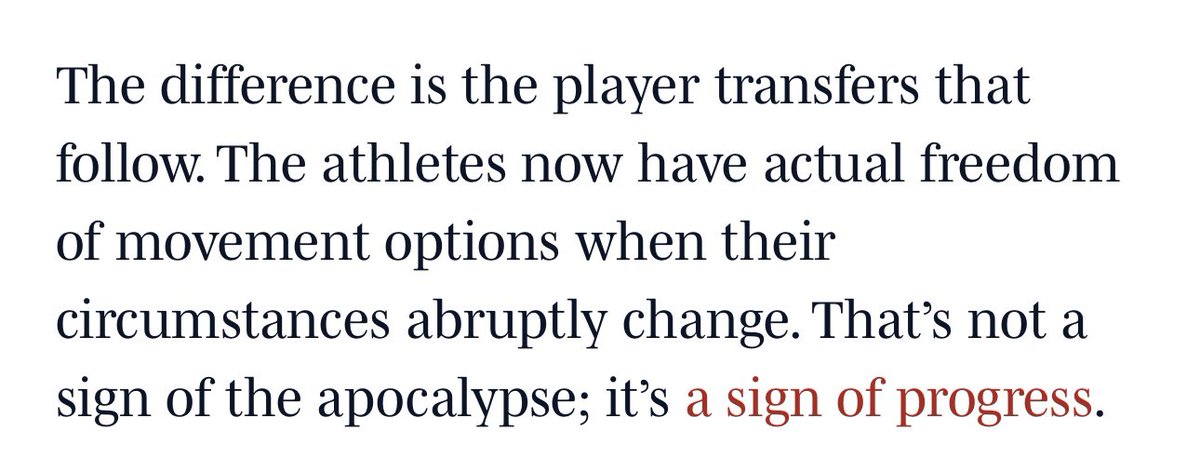 WinterSportsLaw's tweet photo. A great piece by Pat.

As he notes, no one runs to Congress asking it to “save” college sports when coaches break contracts and move from school to school in search of more money.

It’s only when control of the athletes/labor is being lost that this happens.

Hypocrisy. https://t.co/RsRSDEcac4