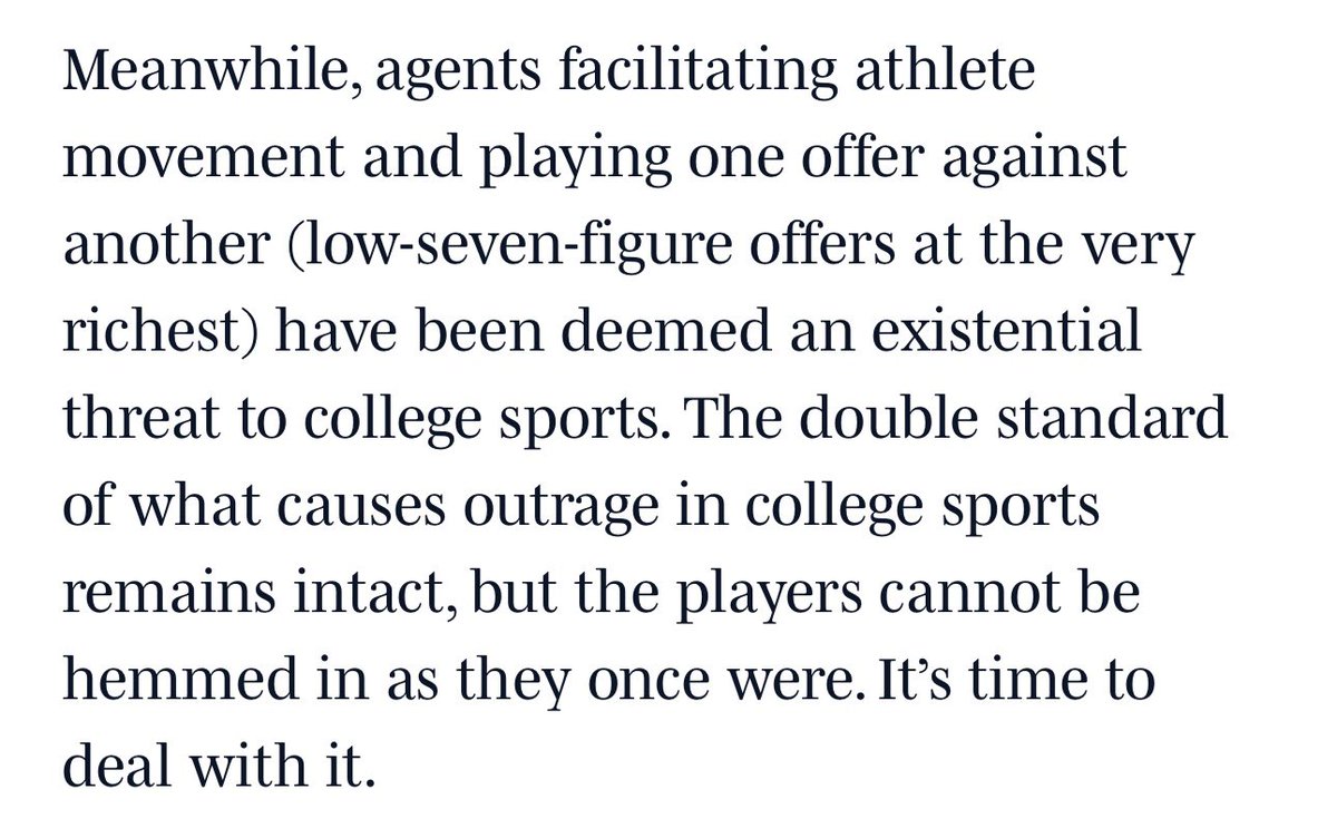 WinterSportsLaw's tweet photo. A great piece by Pat.

As he notes, no one runs to Congress asking it to “save” college sports when coaches break contracts and move from school to school in search of more money.

It’s only when control of the athletes/labor is being lost that this happens.

Hypocrisy. https://t.co/RsRSDEcac4