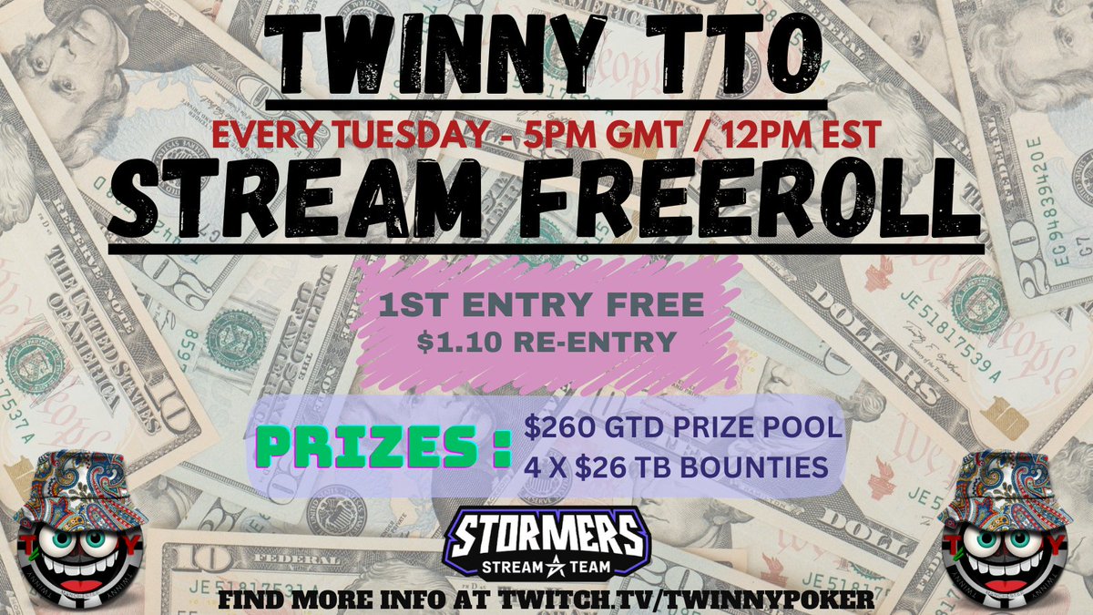TwinnyPoker's tweet photo. We are Live with 'Twinny TTO Stream Freeroll', starts at 5pm GMT/12pm EDT
💰$260 GTD
💰4 x $26 Bounties
💰Bounties MUST be Claimed in chat
💰$1.10 Re-Entry
@ACRStormers @ACR_POKER
#TwoTwentyClassic #VenomPKO #VenomFever #Good4Poker #PositiveVibes
https://t.co/rV8J5BweVa https://t.co/KyWHXx38Br