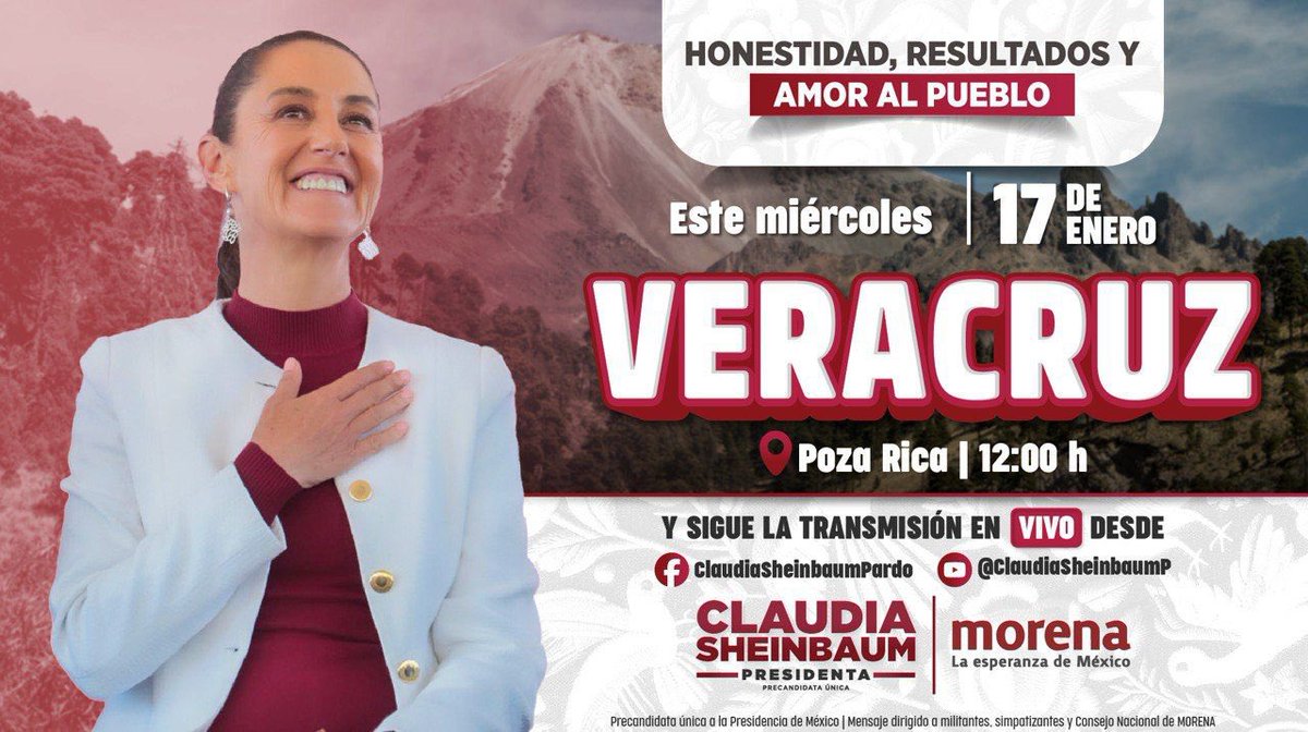 ¡La Transformación se profundizará desde la puerta de México al mundo! Nuestra precandidata única a la presidencia, @claudiashein, se reunirá con la militancia de Veracruz. ¡Acude a escuchar su mensaje de esperanza!