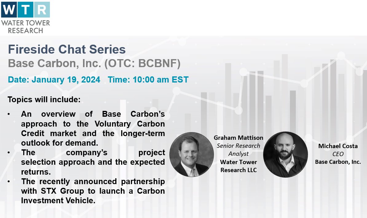 WTR_Research's tweet photo. Graham Mattison's fireside chat with @BaseCarbonInc CEO Michael Costa has been rescheduled for Friday, January 19th, at 10am ET.
#carbonmarkets #carbonremoval #sustainableinvesting #esgfinance $BCBNF
https://t.co/nE0uG1FDAo https://t.co/uURoRmipyO