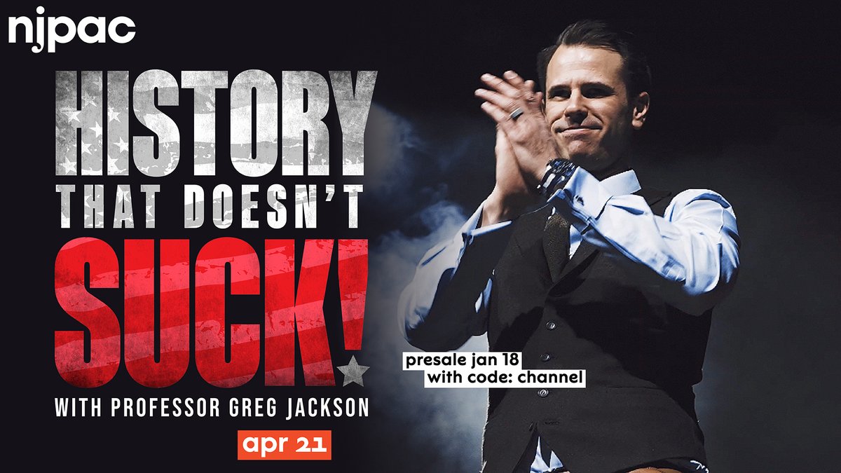 NJPAC's tweet image. On 4/21, join @HTDSpod host @ProfGregJackson for a thrilling night of epic story-telling, music and multimedia, as he explores the first 100 years of U.S. history in 100 minutes. Get tickets this THURSDAY with presale code CHANNEL: bit.ly/njpachistory