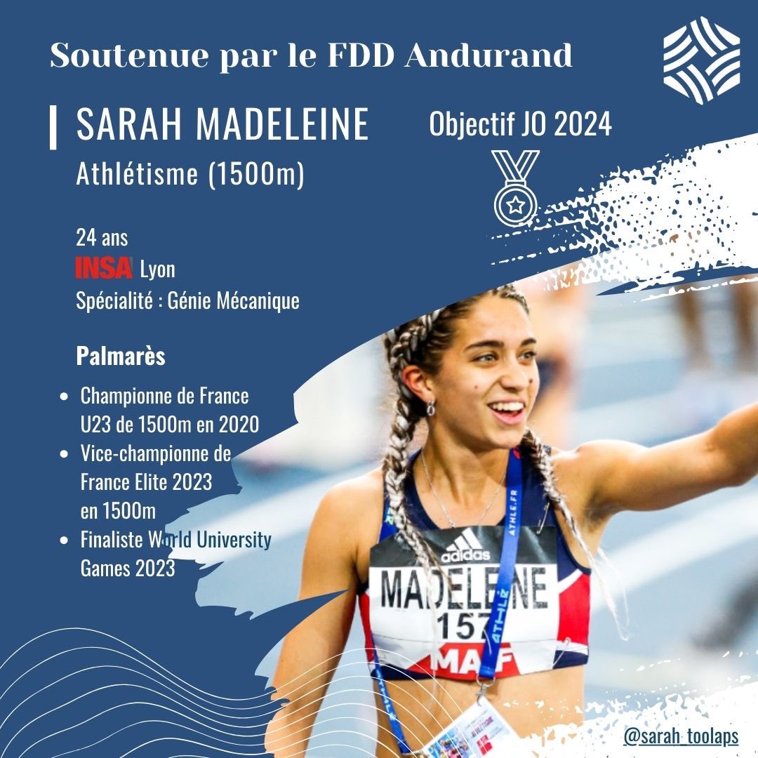 D'ici #Paris2024, le FDD #Andurand va partager le profil des sportifs de haut niveau que nous soutenons.
Ici Sarah Madeleine, étudiante en Génie Mécanique à l'<a href="/INSAdeLyon/">INSA Lyon</a> mais aussi championne d'athlétisme au palmarès édifiant
#Sports #Athletics #Paris