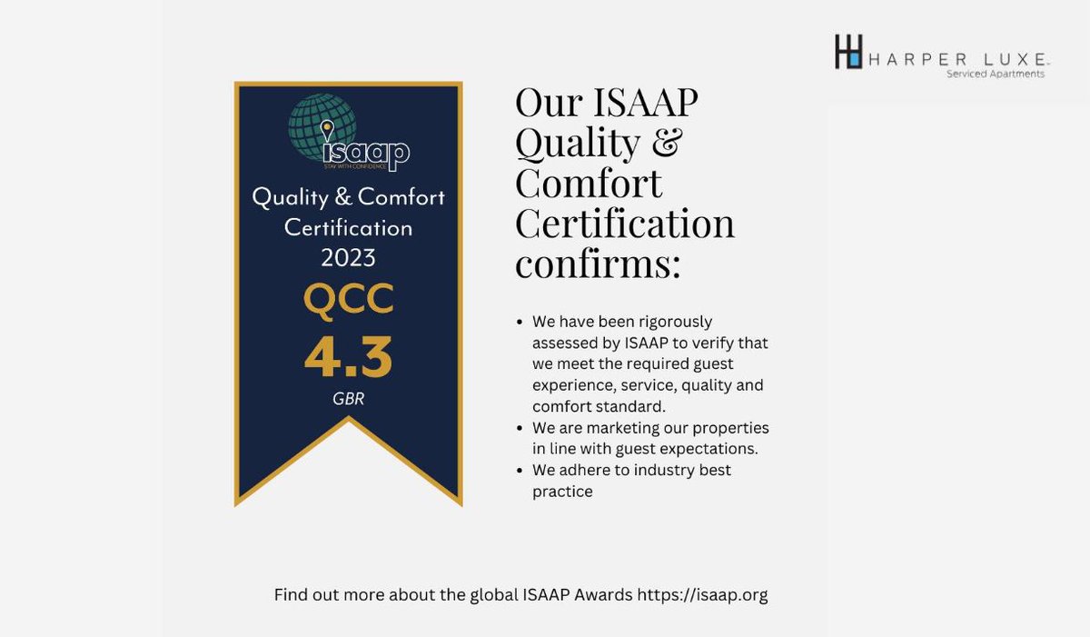 Congratulations to Harper Luxe who have joined ASAP, the trade body championing excellence in serviced apartments. 

The only company in Beds to be awarded achievements for Quality &amp; Comfort &amp; Compliance Accreditation, explore a new standard of excellence with Harper Luxe.