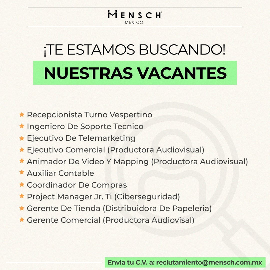 menschmx's tweet photo. ¿Buscas empleo? Descubre nuestras vacantes y postúlate hoy mismo en la siguiente liga: https://t.co/eGhZOQvdBR
📷📷 ¡Una gran oportunidad te está esperando! 📷📷 #Empleo #Trabajo #OportunidadLaboral #Postulación #Carrera #ÉxitoProfesional https://t.co/D32gBKnIWp