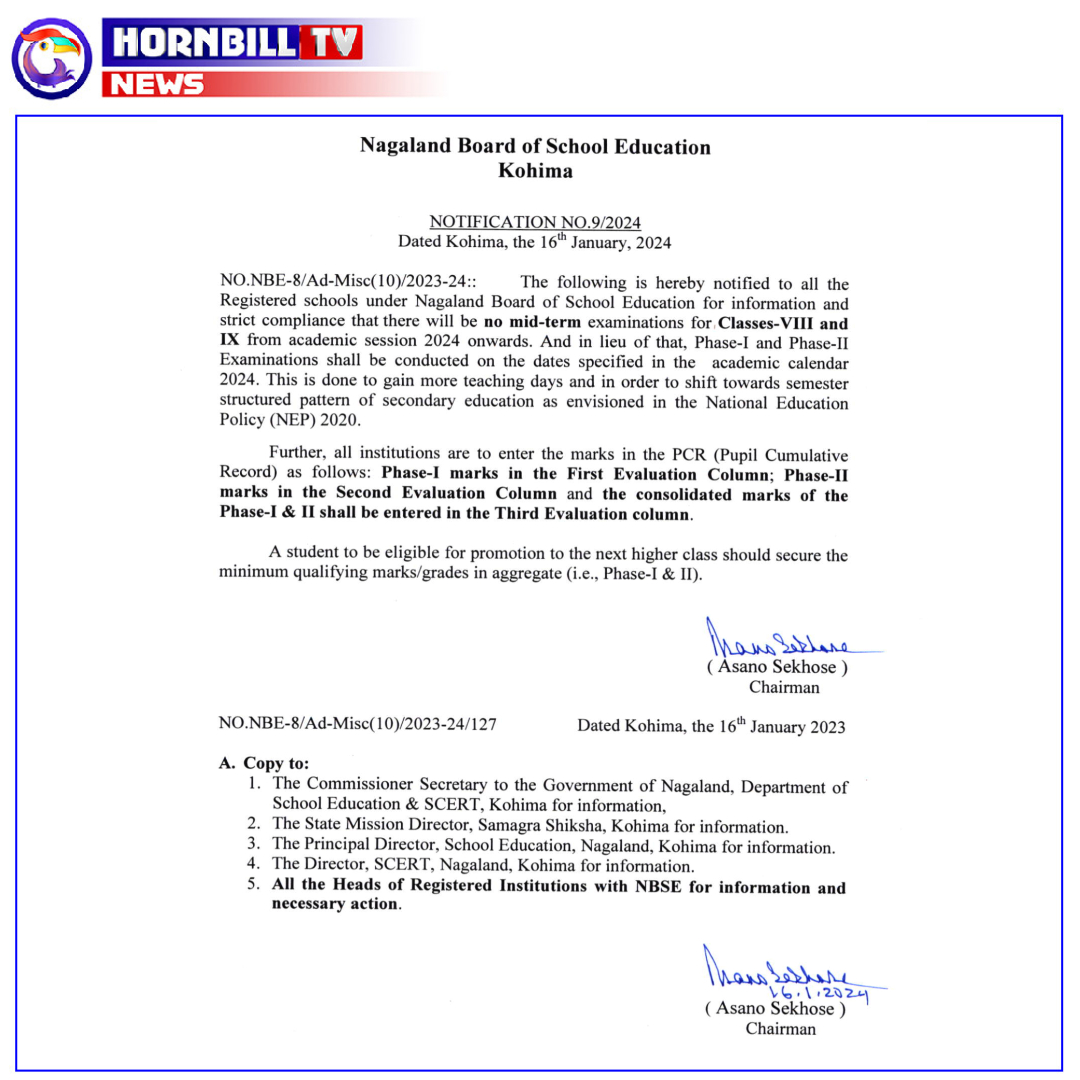 hornbilltv's tweet photo. NBSE ANNOUNCES THAT THERE WILL BE NO MID-TERM EXAMINATION FOR CLASSES VIII & IX
#NBSE #NagalandBoardOfSchoolEducation #SchoolEducation #MidTermExam #examination #education #Nagaland https://t.co/Rz1jXsKgWB