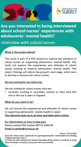 !Help request!
📢We are looking for school nurses currently working in secondary schools or have held this role in the last 5 years in England.
📩Please email: b.sanlan@surrey.ac.uk 
@SAPHNAsharonOBE <a href="/SAPHNAteam/">SAPHNA</a> <a href="/TheQNI/">The Queen's Nursing Institute</a> <a href="/WeSchoolNurses/">WeSchoolNurses 💙</a> <a href="/Unite_CPHVA/">Unite_CPHVA</a> <a href="/SchoolNursing/">Caroline Voogd</a> <a href="/schoolnurses/">NASN, Inc.</a>