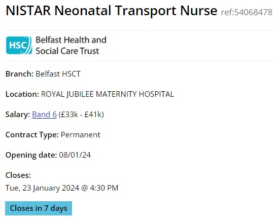 Northern Ireland Specialist Transport & Retrieval (@nistar_hsc) on Twitter photo We have a fantastic opportunity to join the NISTAR Neonatal Team, three part-time Transport Nurse positions have just been advertised.
jobs.hscni.net/Job/32704/nist⌠We have a fantastic opportunity to join the NISTAR Neonatal Team, three part-time Transport Nurse positions have just been advertised.
jobs.hscni.net/Job/32704/nistâŚ