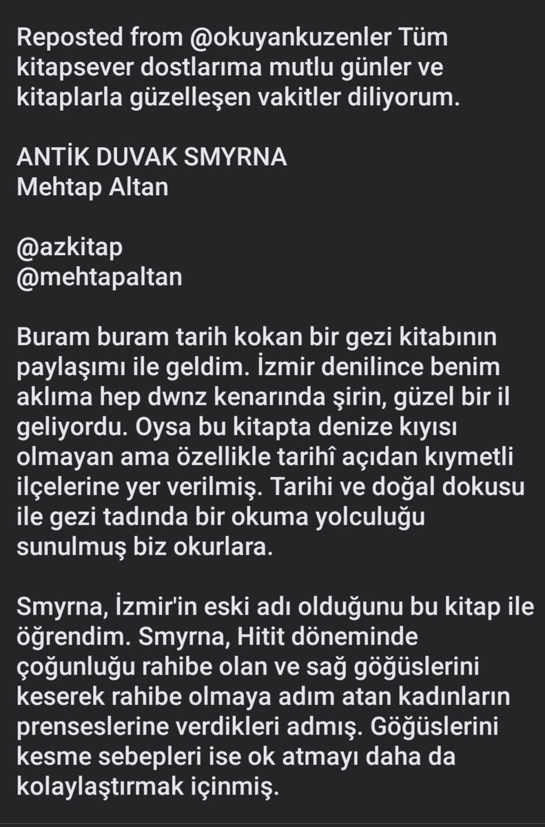Mehtap_Altan's tweet photo. "Antik Duvak Smyrna"dostokurların samimi cümlelerinde İzmir'e selâm vermeye devam ediyor...

#antikduvaksmyrna #azkitap https://t.co/020GlIzyQg