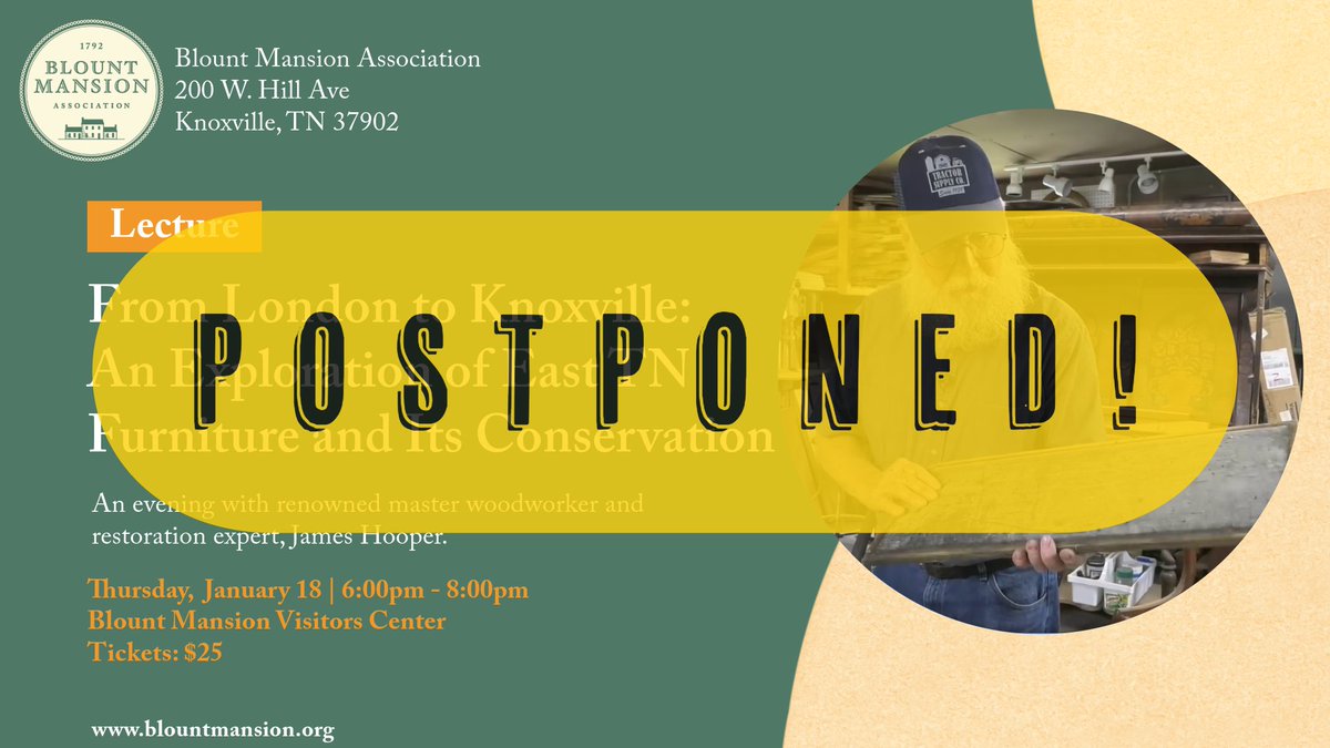 BlountMansion's tweet photo. Due to the threat of inclement weather this week, Thursday's event will be postponed until February 22. All currently purchased tickets will be honored for the rescheduled event. We apologize for the inconvenience and hope that you remain safe and warm through this winter weather https://t.co/b3cVK0NU4w
