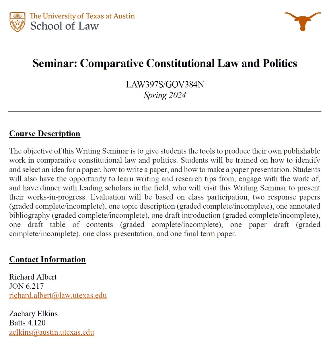 Richard Albert (@richardalbert) on Twitter photo 📝 This semester, I will co-teach a writing seminar with <a href="/ZedTex/">Zachary Elkins</a> here <a href="/UTexasLaw/">UTexasLaw</a> <a href="/UTGovernment/">UT Government</a>. Our goal is to help students produce their own publishable work in comparative constitutional law & politics. 🎉 📝 This semester, I will co-teach a writing seminar with <a href="/ZedTex/">Zachary Elkins</a> here <a href="/UTexasLaw/">UTexasLaw</a> <a href="/UTGovernment/">UT Government</a>. Our goal is to help students produce their own publishable work in comparative constitutional law & politics. 🎉