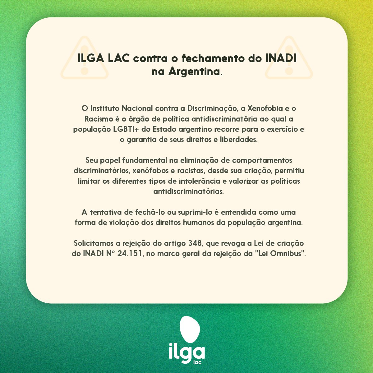 ilga_lac's tweet photo. 🇦🇷 #ILGALAC se pronuncia en contra del cierre del #INADI (Instituto Nacional contra la Discriminación, la Xenofobia y el Racismo) en Argentina 🏳️🌈🏳️⚧️ https://t.co/O4eO7KFsFO