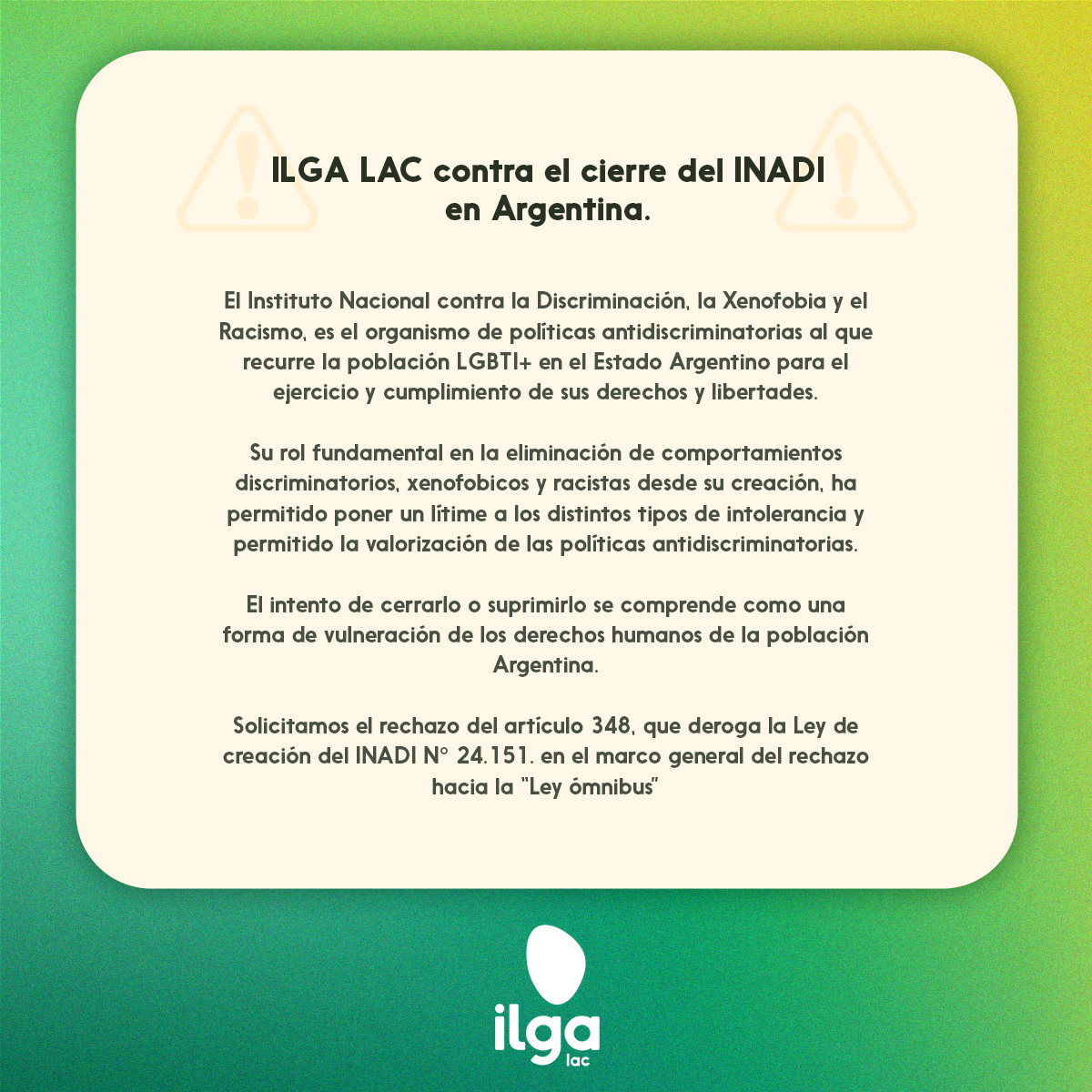 ilga_lac's tweet photo. 🇦🇷 #ILGALAC se pronuncia en contra del cierre del #INADI (Instituto Nacional contra la Discriminación, la Xenofobia y el Racismo) en Argentina 🏳️🌈🏳️⚧️ https://t.co/O4eO7KFsFO