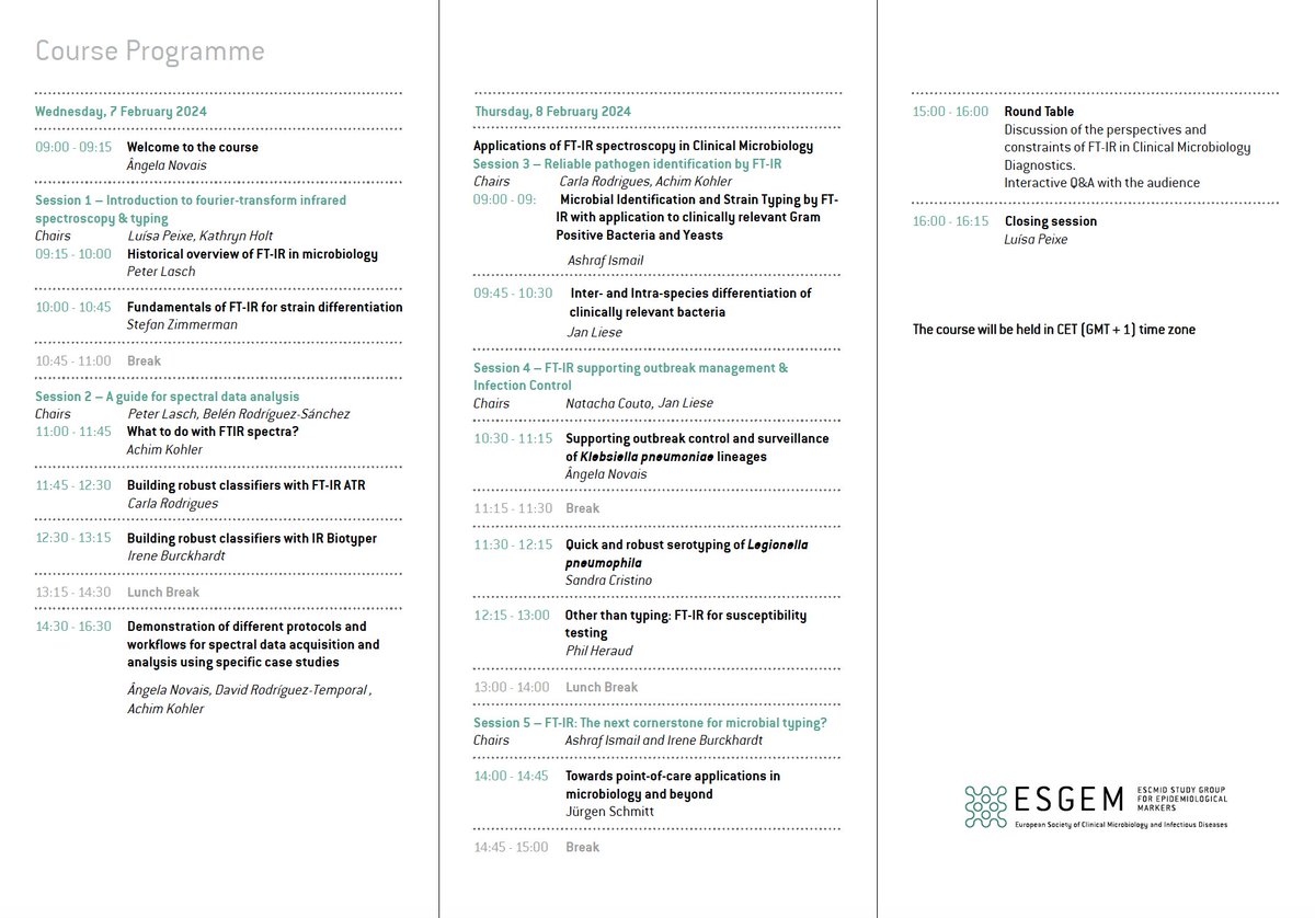 📢Final program available for the <a href="/ESGEM_ESCMID/">ESGEM.SG</a> <a href="/ESCMID/">ESCMID</a> course on FT-IR spectroscopy and its applications in Clinical Microbiology  

More information: escmid.org/profession-car… 

You are still on time to register at: escmid.org/login?ReturnTo…