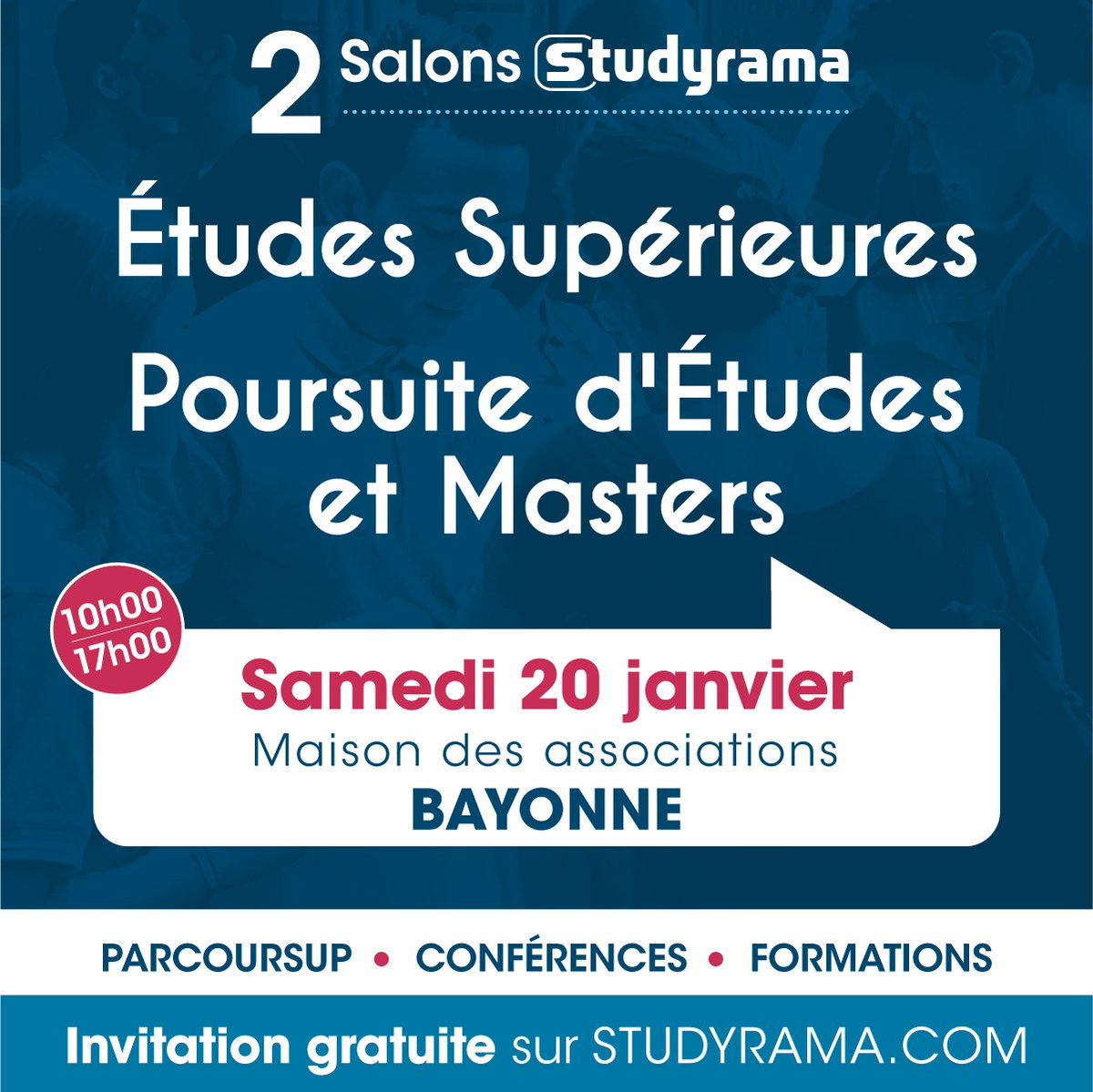 🗓 Agenda | La Maison des associations accueillera, samedi prochain, de 10h à 17h, un salon dédié aux études supérieures.
Une soixantaine d'exposants seront présents. 
#BayonneMaVille