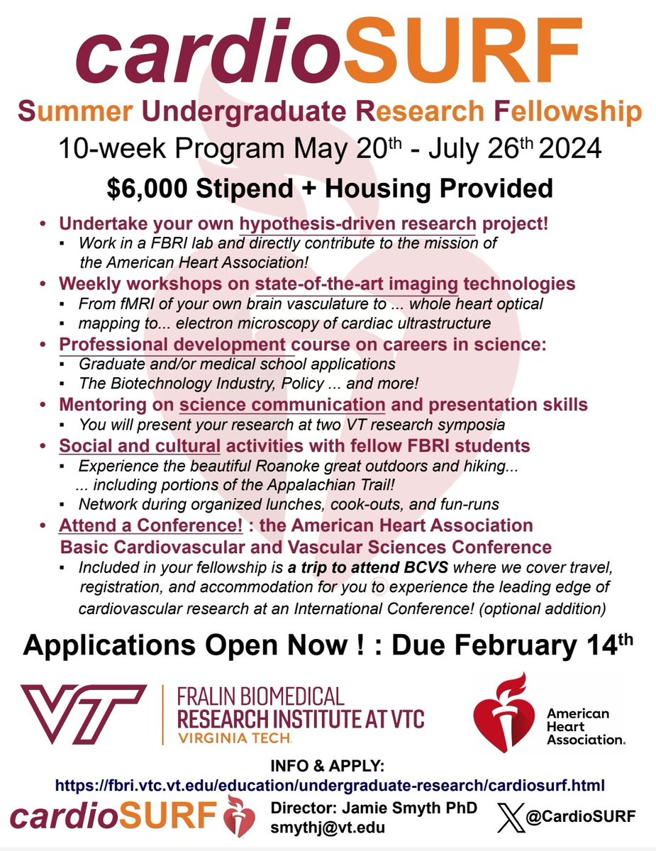 Don't forget! @CardioSURF applications are due on Feb. 14!
For more info & to apply, please visit: 
fralinbiomed.info/cardiosurf

#undergraduate #research #cardiovascularresearch #roanoke #americanheartassociation #virginiatech