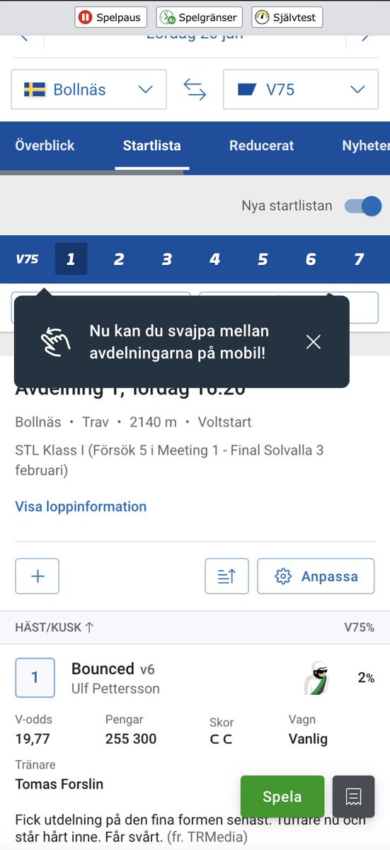 Har man velat ha en snabbare navigeringsmöjlighet på startlistorna är det din dag idag. Svajpa mellan listorna istället för att använda navigeringen i toppen. (Detta är endast en lösning för mobil)