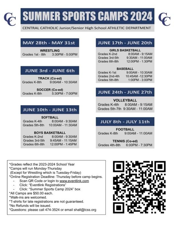 lafacatholic's tweet photo. 🚨🚨🚨🚨 Check out what just dropped! CC Summer Sports Camp schedule is out and ready for sign-ups! Follow the directions on the flyer and head to https://t.co/V6L0otIWAC for registration. https://t.co/yxA1DunQBv