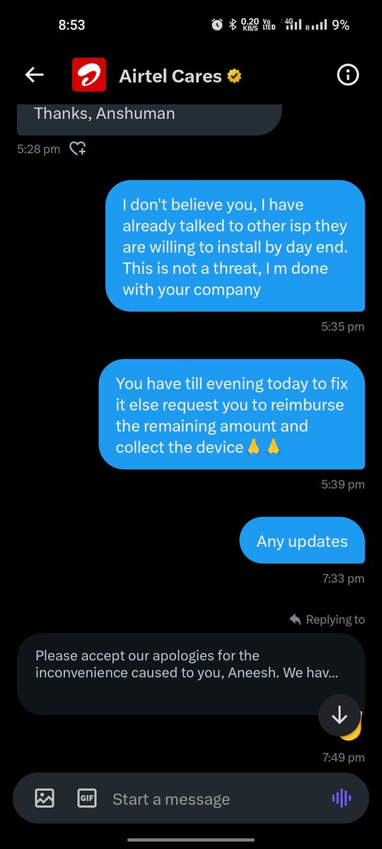 aneesh_lata's tweet photo. Am I chasing ghosts here......is it gonna be fixed or not? Not even responding to your own dms @Airtel_Presence @airtelindia https://t.co/l8JfABTJ7q