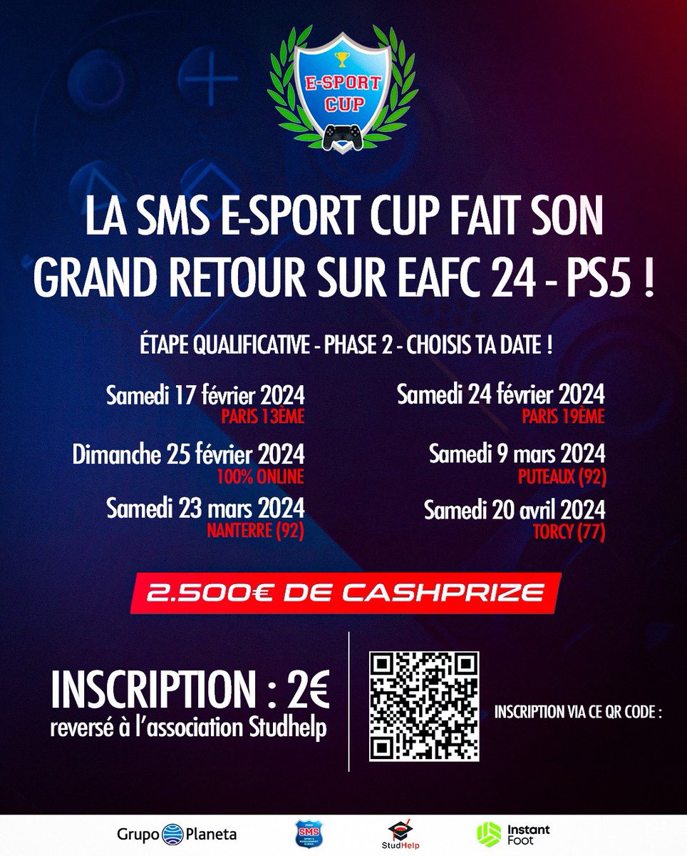 La SMS ESPORT CUP est de retour avec la deuxième phase de qualification ! 🔥🎮

🏟️ Torcy, Puteaux, Nanterre, Online, Paris, il y en a pour tous ! 

Rentre dans l’histoire de la compétition et tente de gagner 2500€ ! 💶

Inscris-toi 👉 sms-esportcup.mystrikingly.com