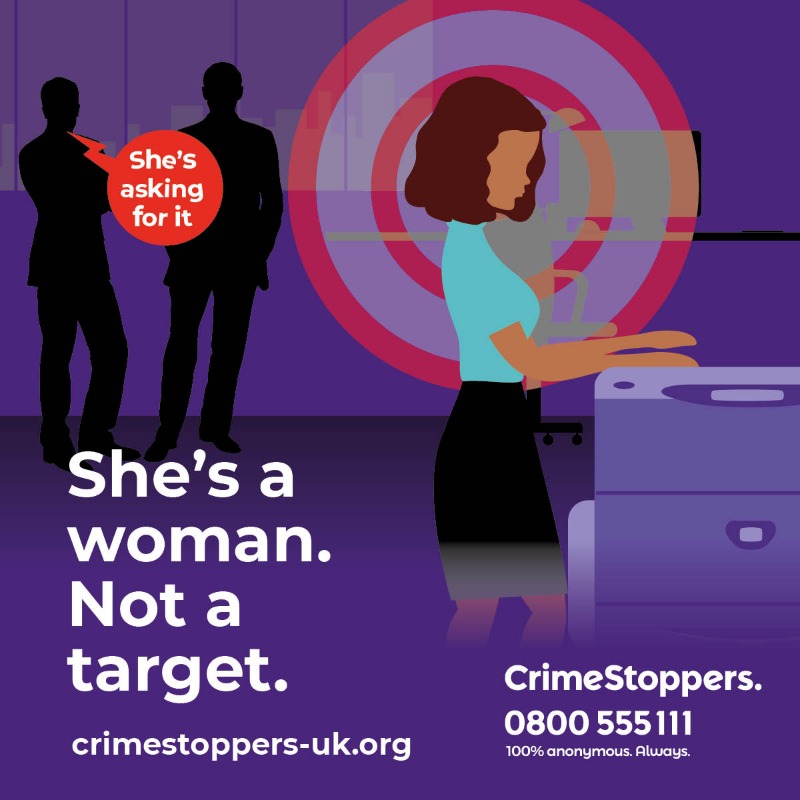 CrimestoppersUK's tweet photo. It’s never ok to target women with unwanted sexual advances and intimidating remarks. It’s abusive and it’s sexual harassment. 

Stop it by telling our charity what you know, 100% anonymously. Let’s make the streets safer for our women and girls.