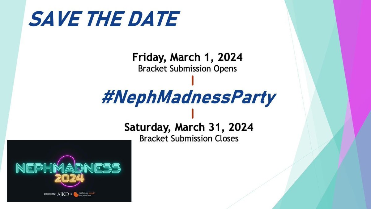 Almost time for #NephMadness 2024!

Friendly reminder - Schedule your 🎉  #NephMadnessParty 🎉  between March 1-31: 

buff.ly/3RQwHBf 

@anna_burgner @ssfarouk @Nephro_Sparks @whatsthegfr @jrkott27 @Elena_Cervants  @KidneyWars @Maximal_Change #NephMadness