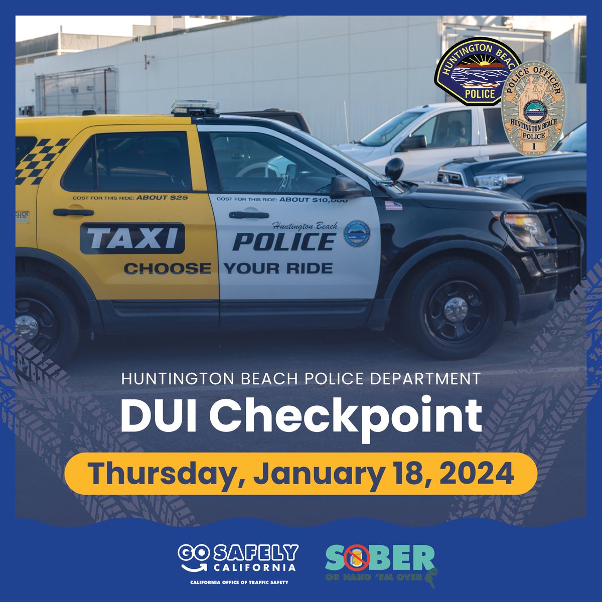 We will be conducting a DUI checkpoint on 1/18, btw 6 pm & 2 am, within the City limits. The location has been selected based on DUI crash & arrest statistics. The NHTSA provided funding for the checkpoint. For the press release, please click: bit.ly/HBPDPressRelea….