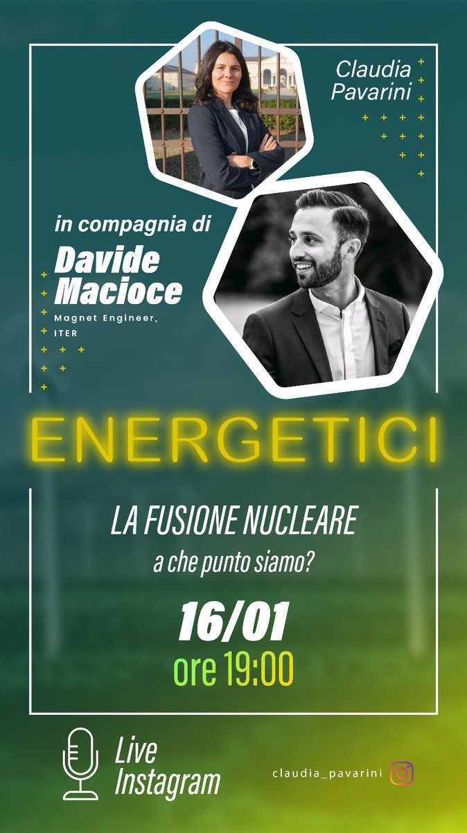 #Fusione #nucleare è ormai sulla bocca di tutti.

Ma serve fare chiarezza, parlarne con gli esperti. 

Per questo stasera in live Instagram ospiterò Davide Macioce che lavora al progetto ITER, il più grande progetto di fusione nucleare al mondo!