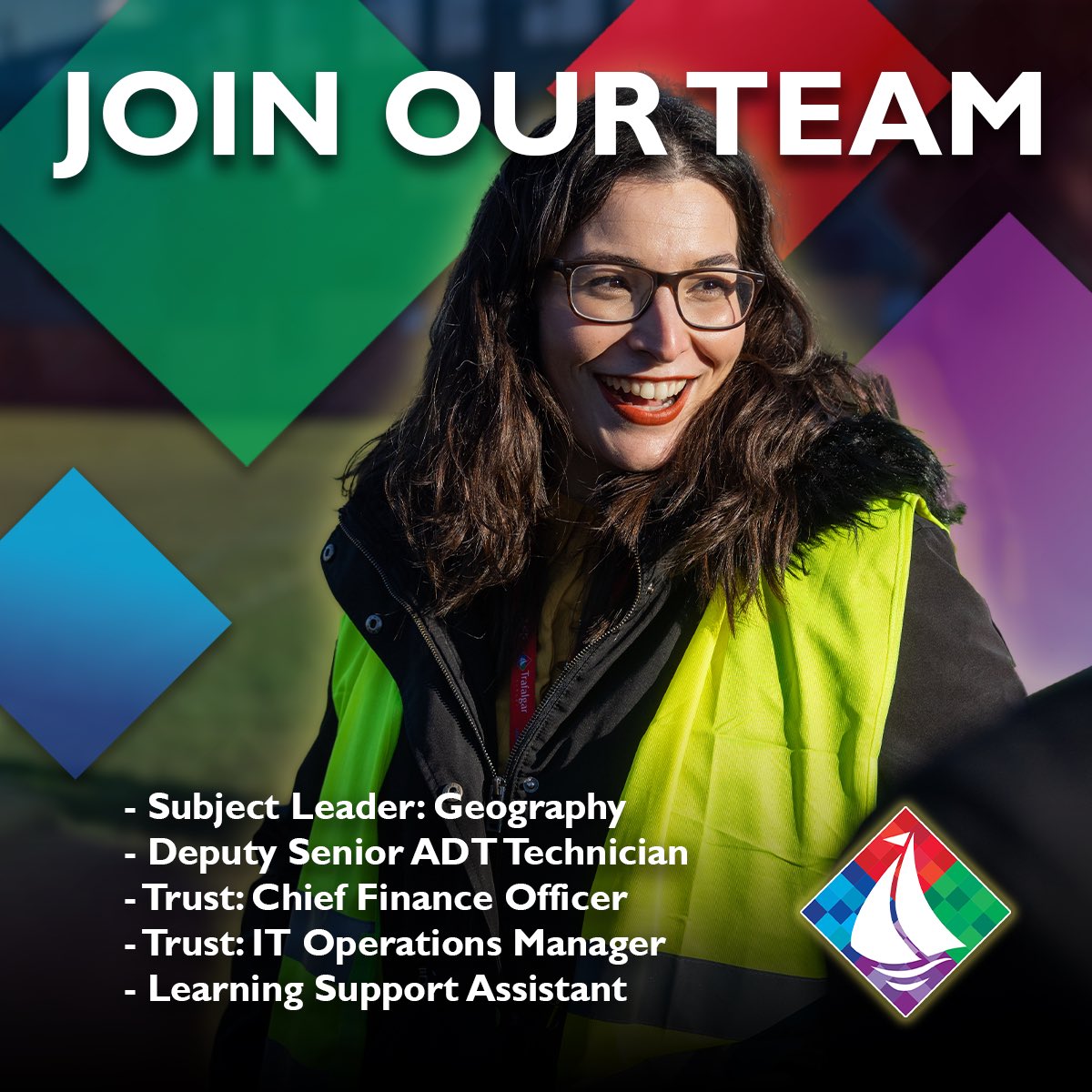 We are currently recruiting for the following roles to join our community:

- Subject Leader: Geography 
- Deputy Senior ADT Technician 
- Trust: Chief Finance Officer 
- Trust: IT Operations Manager 
- Learning Support Assistant

trafalgarschool.org.uk/working-at-tra…

#teamtrafalgar