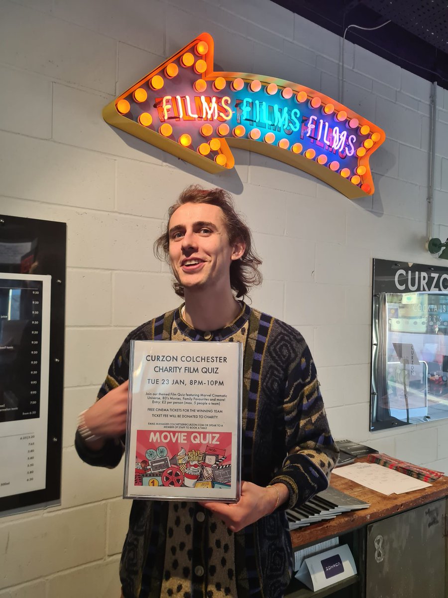 CurzonCchester's tweet photo. 🍿 Curzon Colchester Quiz Night!🍿

Come join our quiz host Ben on Tuesday 23rd Jan, 8pm-10pm for a fun filled quiz night! 🎉

Email manager.colchester@curzon.com to book a table or come in site to book! 🎬 (max 5 people a team £2pp all money goes to charity!) https://t.co/6bktqlS8Dv