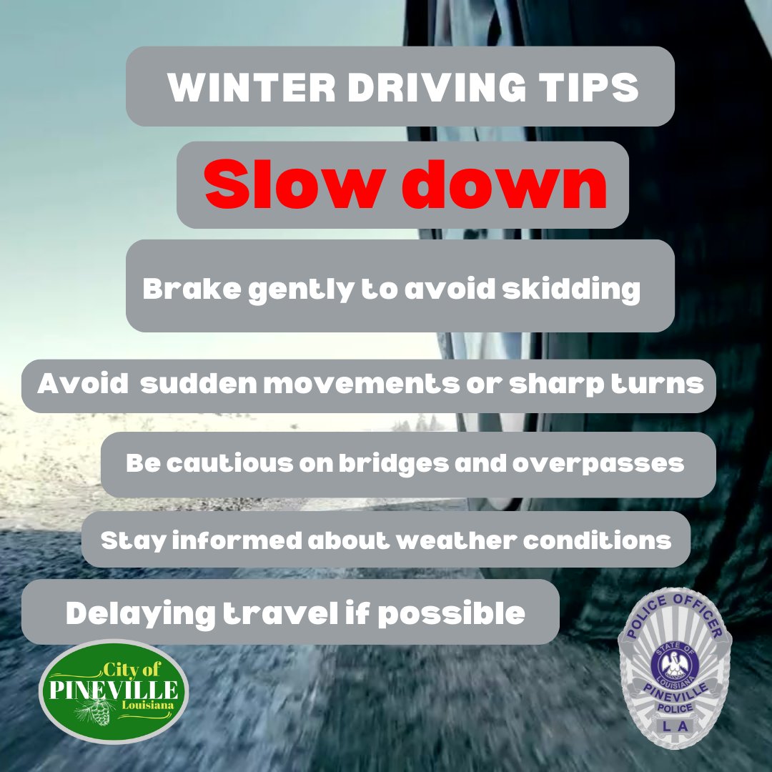 PinevillePD's tweet photo. 🚨 Road Update Alert! Winter weather has left roadways icy, w/ all overpasses currently closed. Please exercise extreme caution if you need to drive. Gillis Long Bridge is closed, Curtis Coleman &amp; Purple Heart Bridges are open w/ one lane. Your safety matters—drive slowly! 🚗 https://t.co/nNri9sUhCw