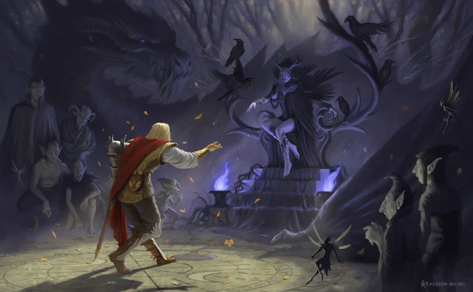 A knight seeks to impress a mysterious fey witch. Personal piece made for SmArtschool Mentorship with Cynthia Sheppard.