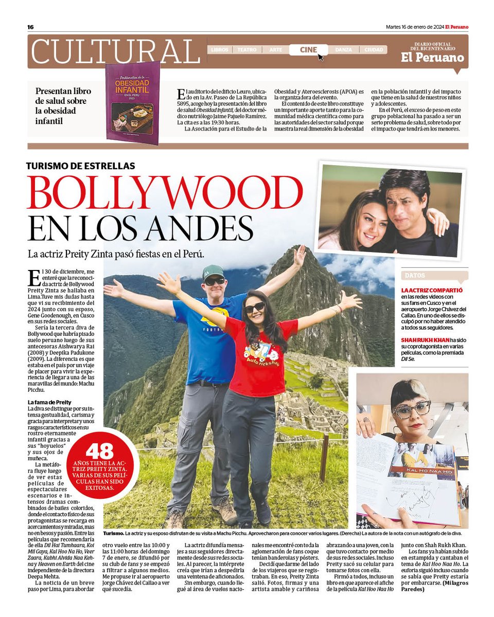 DiarioElPeruano's tweet image. 🇵🇪 Bollywood en los Andes. La actriz Preity Zinta pasó fiestas en el Perú. Sería la tercera diva de Bollywood que habría pisado suelo peruano luego de sus antecesoras Aishwarya Rai (2008) y Deepika Padukone (2009) ow.ly/12Sg50QrhZG