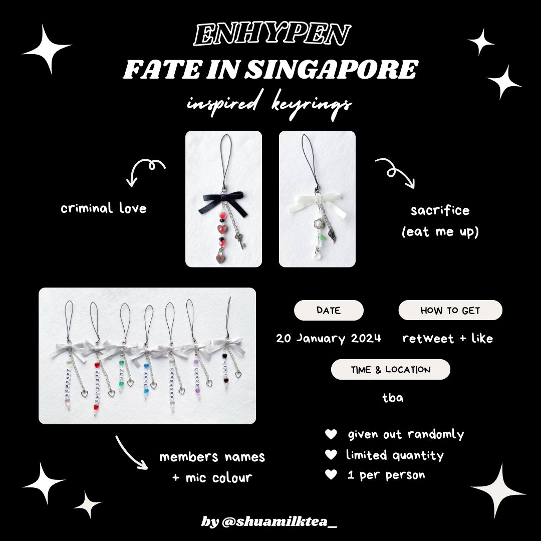 shuamilktea_'s tweet photo. .𖥔 ݁ ˖๋ ࣭ ⭑ 𝙛𝙖𝙩𝙚 𝙞𝙣 𝙨𝙜 𝙛𝙖𝙣𝙨𝙪𝙥𝙥𝙤𝙧𝙩 .𖥔 ݁ ˖๋ ࣭ ⭑
⤷ 𝓀𝑒𝓎𝓇𝒾𝓃𝑔𝓈 ₊˚⊹♡

𝗱𝗮𝘁𝗲: 𝟮𝟬 𝗷𝗮𝗻 𝟮𝟬𝟮𝟰
𝘁𝗶𝗺𝗲 &amp; 𝗹𝗼𝗰𝗮𝘁𝗶𝗼𝗻: 𝘁𝗯𝗮

𝗵𝗼𝘄 𝘁𝗼 𝗴𝗲𝘁?
ღ 𝗿𝘁 + 𝗹𝗶𝗸𝗲 

#FATE_IN_SINGAPORE #FATE_IN_SG #FATE_IN_ASIA #ENHYPENinSG #ENHYPEN https://t.co/ovvR4zqQXZ