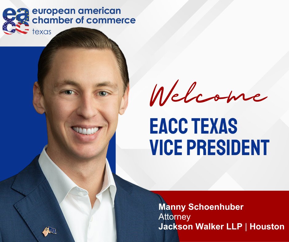 We are thrilled to welcome Manny Schoenhuber, Attorney at @JacksonWalkerLLP, as the new Vice President of @EACCTexas. With deep roots in transatlantic cooperation and a focus on aiding European investors, Manny brings a wealth of expertise. Welcome to your new role, Manny! 👏