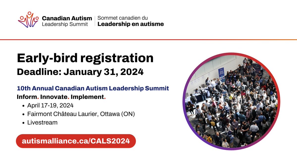 Only 2 weeks left to benefit from early bird rates for #CALS2024!

Secure your spot for the 10th Summit at @FairmontLaurier in #YOW #Ottawa from April 17-19, 2024, or join us via livestream!

Don't miss out - grab your early bird tickets by Jan 31 at autismalliance.ca/cals2024.