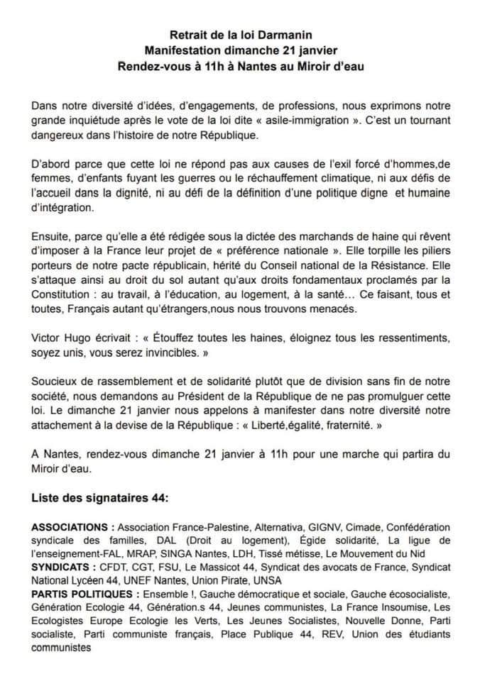 FrontPop2027_44's tweet photo. 📆 Dimanche 21 janvier à 11h
📍RDV Miroir d'eau à Nantes
👊 Contre la loi immigration de Darmanin et pour son retrait https://t.co/6a3s9ToWuI