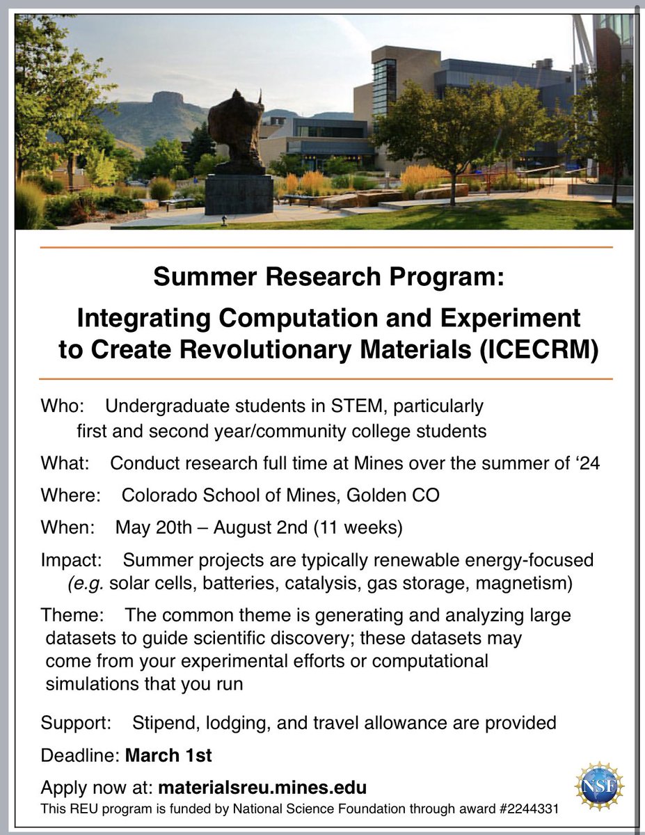 Come join us at Colorado School of Mines this summer for the ICECRM Materials Science REU! Applications are due by March 1st! Please share!