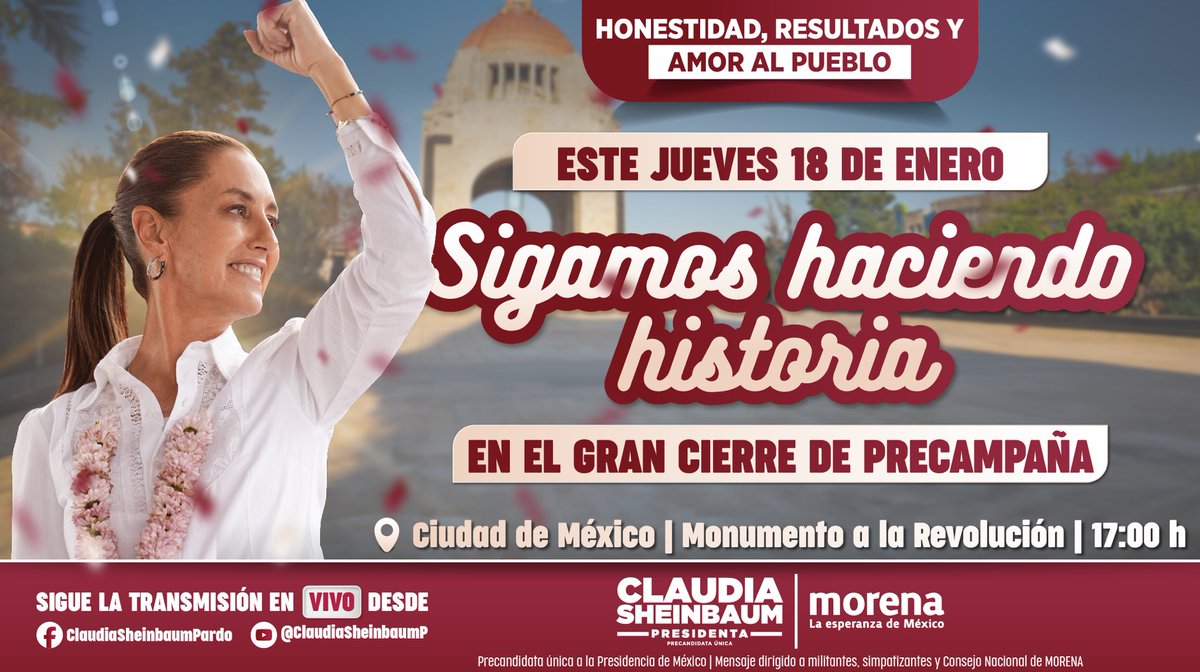 ¡Vayamos juntos al cierre de precampaña de la Dra. <a href="/Claudiashein/">Claudia Sheinbaum Pardo</a> 🤩🇲🇽

👉🏼 Nos vemos este jueves 18 de enero a las 4:00 pm en el Monumento a la Revolución.

¡Celebremos que ganamos la precampaña y arrasaremos en todos los pueblos, barrios y municipios de #México! 😎🫶🏼