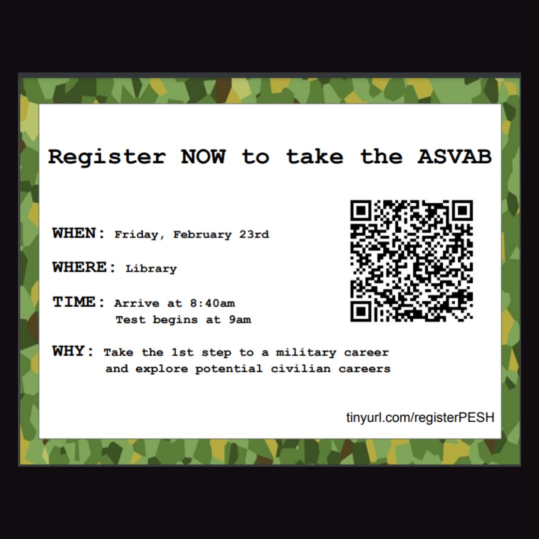 EastPanthers1's tweet image. Sign up to take the ASVAB! It’s more than a military test! The #ASVABCEP shows you options for after high school–college, work-based learning, technical school, and military. The test will be on February 23. Register Now!