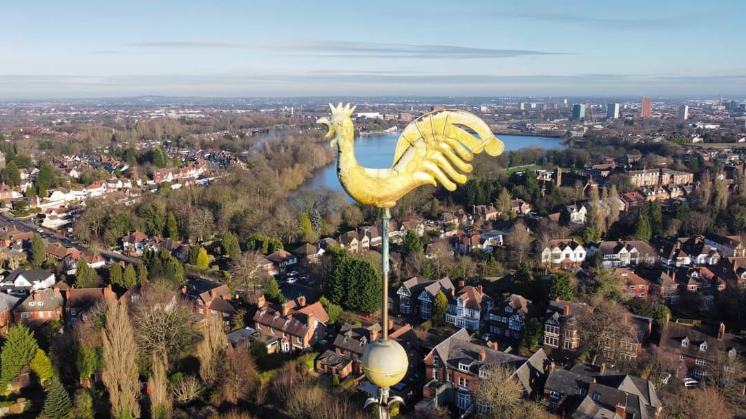 The cockerel atop the spire; looking north towards Edgbaston Reservoir.