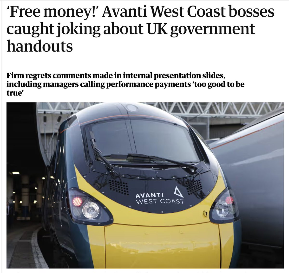 GreenpeaceUK's tweet photo. Avanti bosses are laughing to the bank while your train gets delayed, again. https://t.co/nmxYtljc5X
