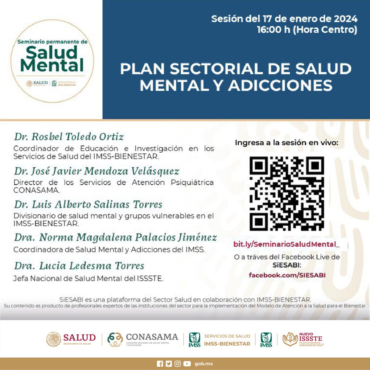 conasamamx's tweet photo. El Sistema Educativo de Salud para el Bienestar de los Servicios de Salud del @IMSS_BIENESTAR, en colaboración con #CONASAMA, @Tu_IMSS e @ISSSTE_mx, invitan a la sesión del Seminario Permanente de Salud Mental

📌Plan Sectorial de Salud Mental
📅17 enero
🕓16:00 h

Información 👇🏽 https://t.co/n8VEBqbXP7